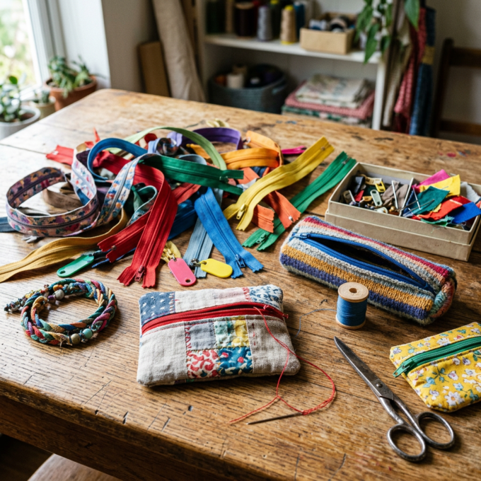 Colorful sewing supplies and handmade fabric pouches on a wooden table